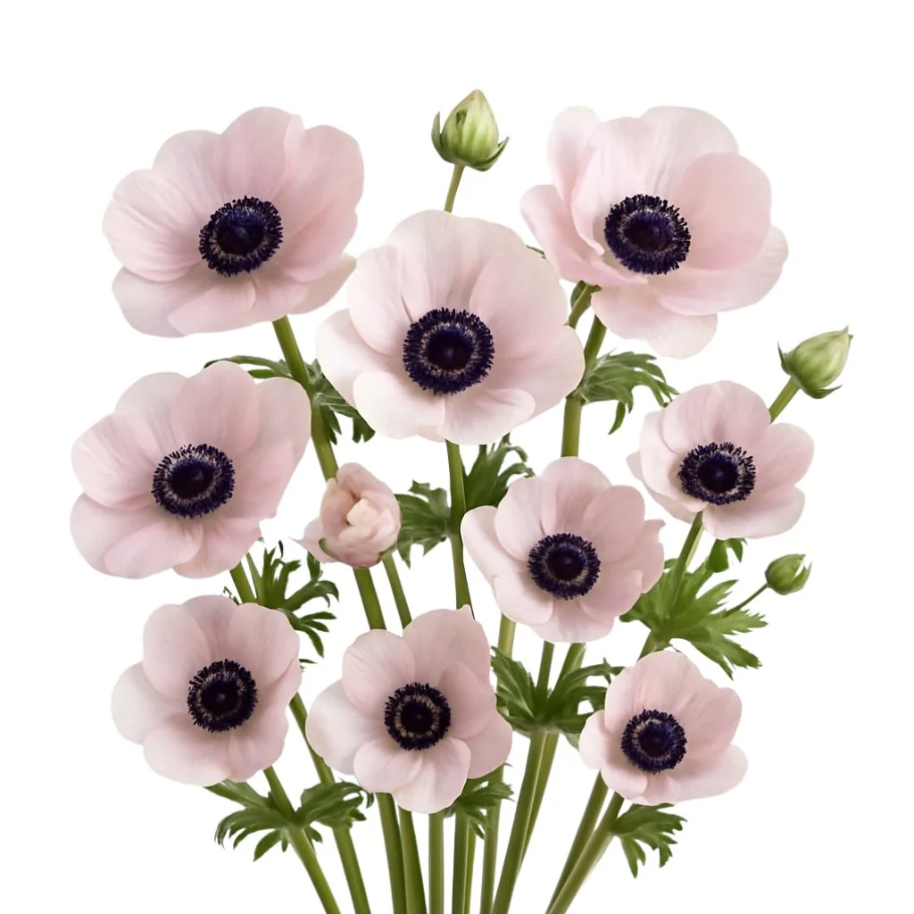 Soft blush anemone flowers with black centers, perfect for elegant wedding flowers, bridal bouquets, and affordable event floral designs.