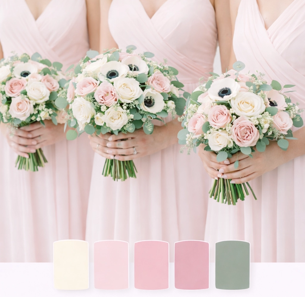 Blush bridesmaid bouquets with white anemones, garden roses and eucalyptus for romantic wedding party flowers