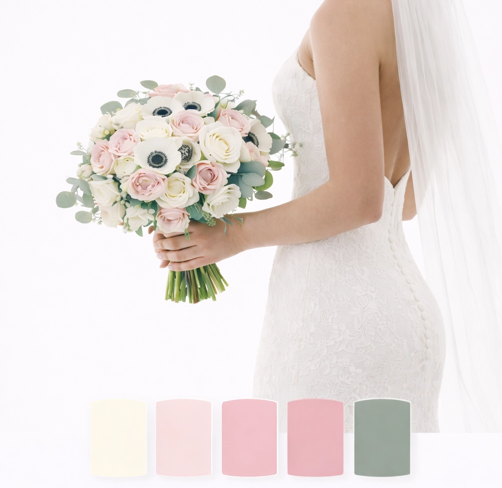 Elegant blush and white wedding bouquet with anemones, garden roses and eucalyptus for classic bridal arrangements