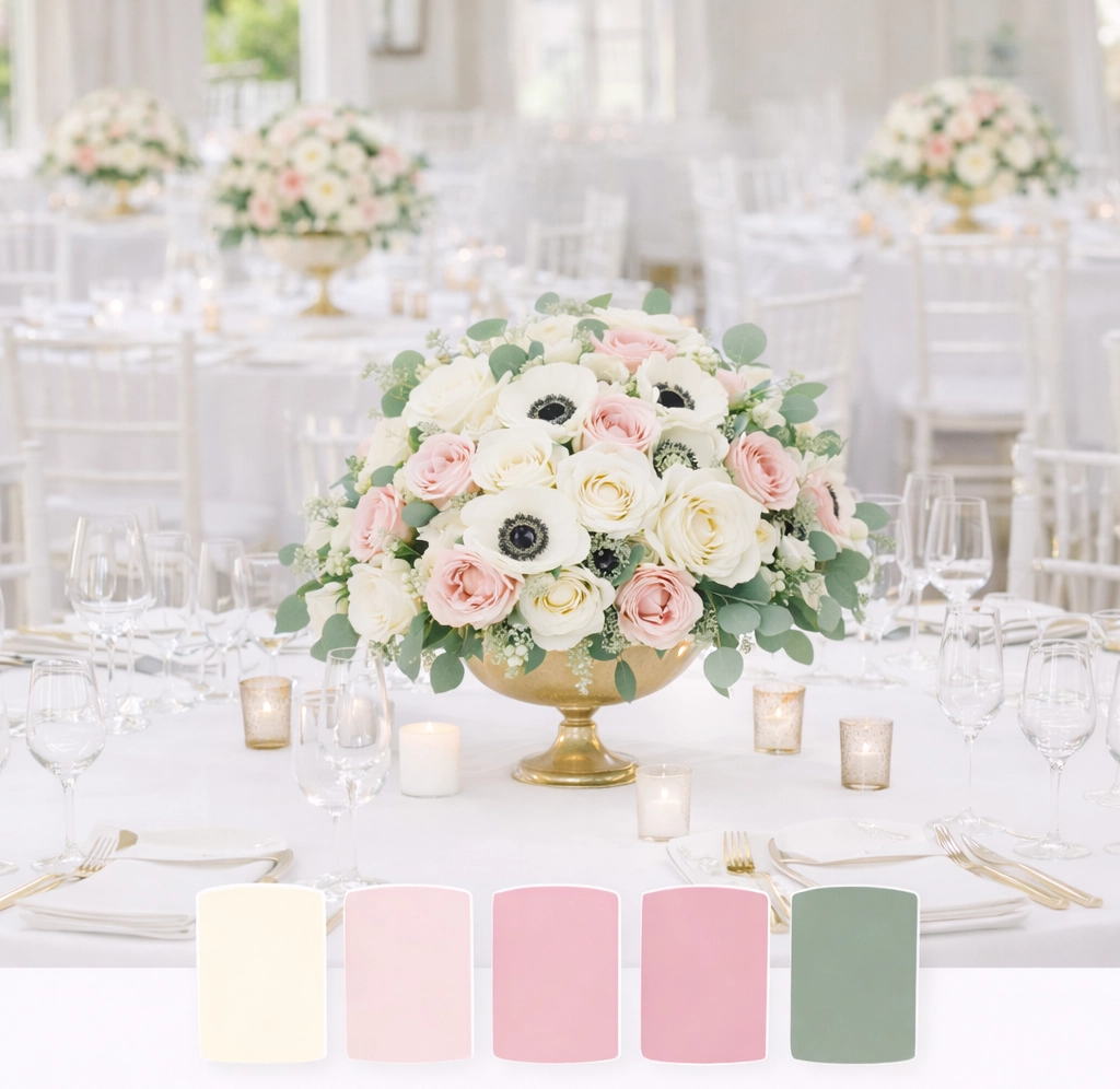 Blush wedding centerpieces with white anemones, garden roses and eucalyptus in elegant reception table setting