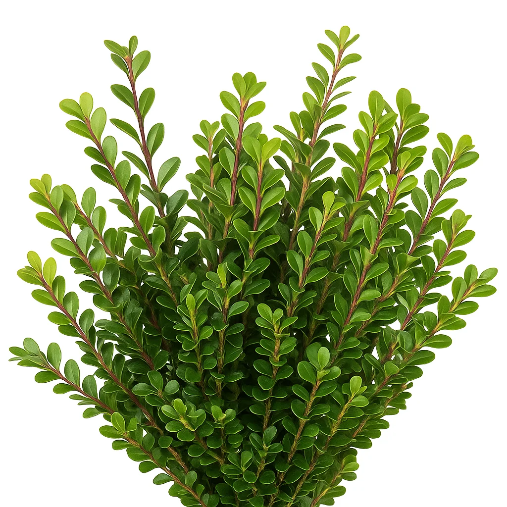 Close-up of boxwood with dark burgundy stems and bright green leaves, fanned out naturally against a high-contrast white background.
