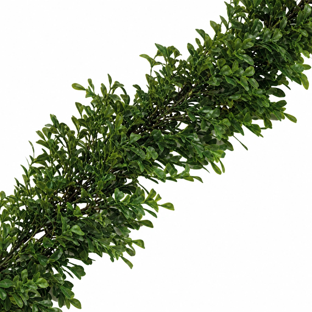 Close-up of boxwood garland featuring tightly woven green leaves in a regular 5-inch wide strand.