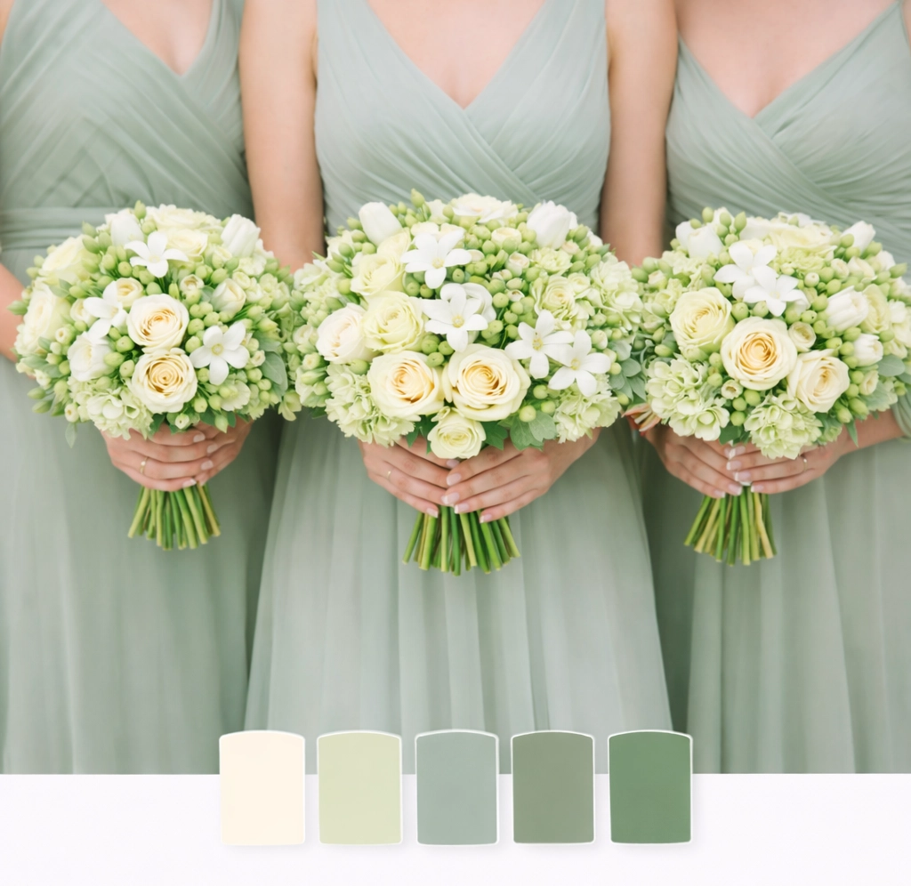 Bridesmaid bouquets with cream roses, white tulips, green hydrangea, stephanotis and hypericum, sage wedding palette