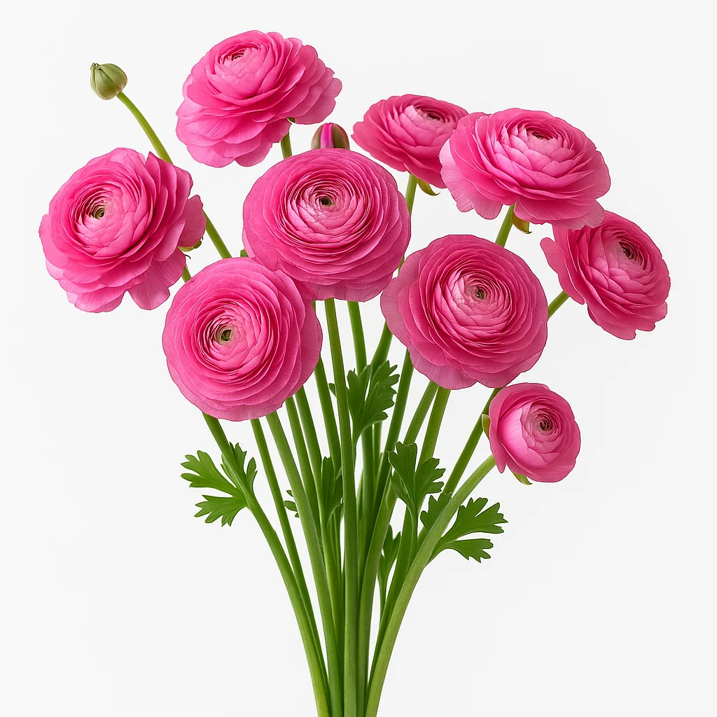 Bright hot pink ranunculus flowers arranged in a bold centerpiece with greenery, great for weddings, parties, and eye-catching floral designs.