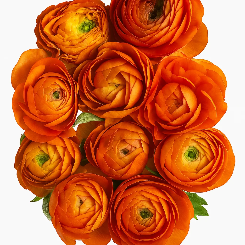 Bright orange ranunculus for bouquets and centerpieces, offering vibrant color and soft texture for cheerful spring, summer, and autumn floral designs.