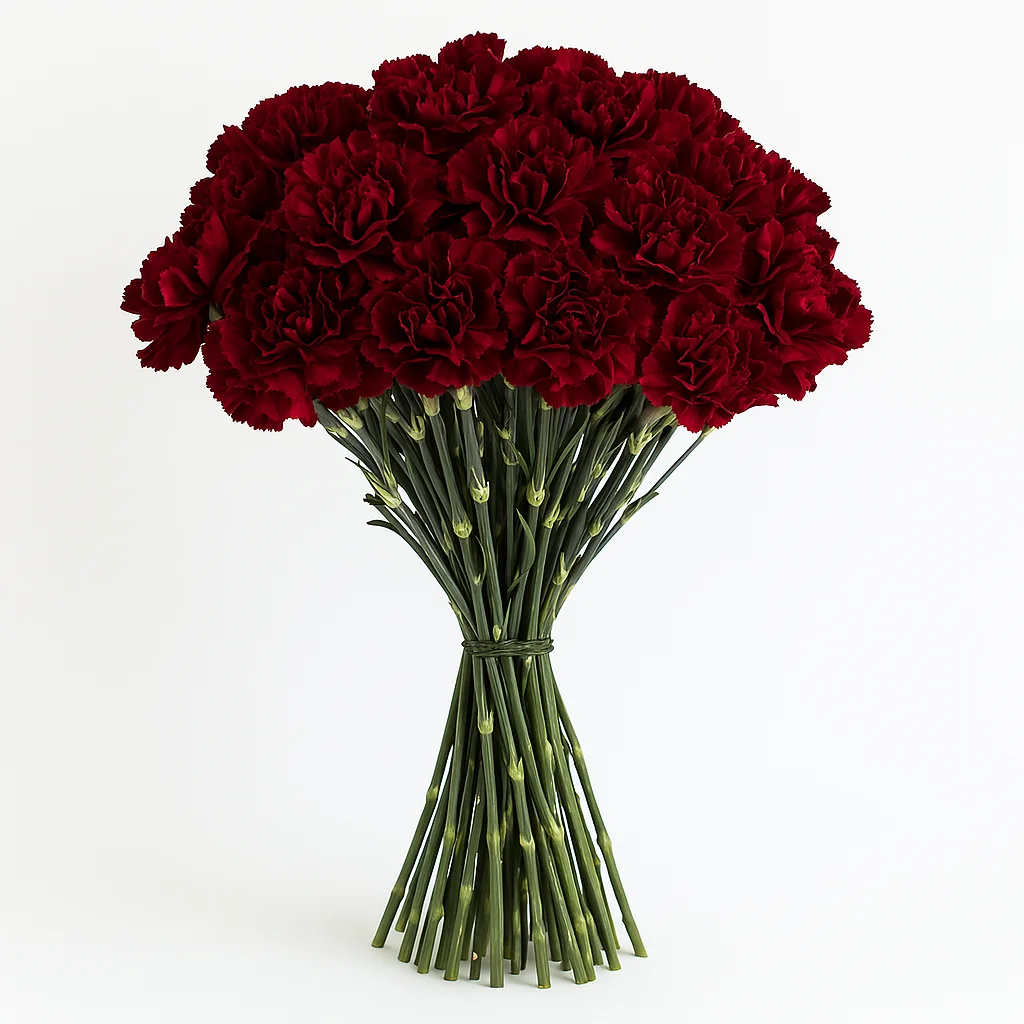 Bulk Burgundy Carnations with vibrant color and durable stems, ideal for florists and wholesale flower buyers.