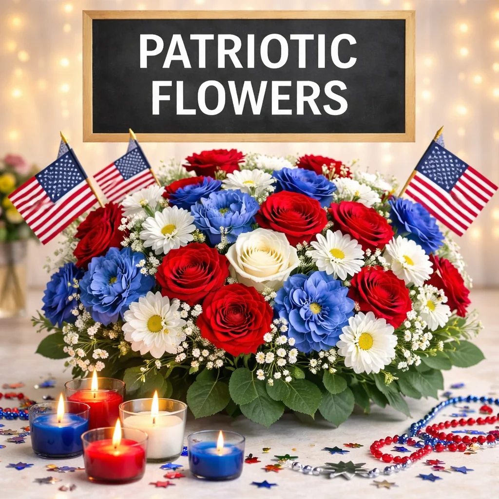 Patriotic flowers with red, white, and blue blooms, roses, daisies, flags, and candles for Memorial Day, 4th of July, and tribute events.