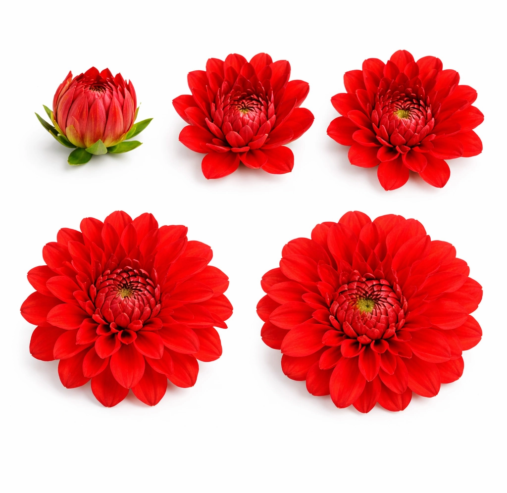Red Dahlia Red Stone bloom stages from bud to full open, bulk wedding dahlias available year round for event designers