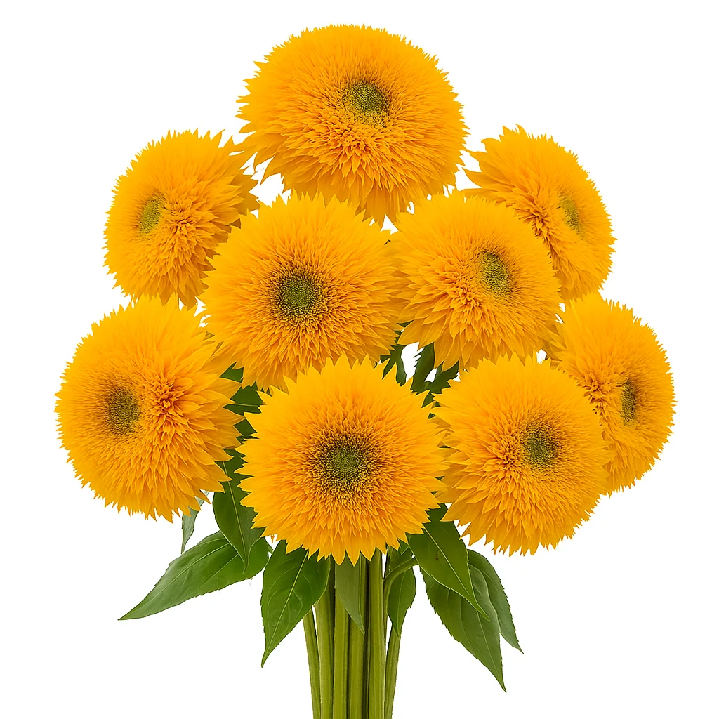 Fresh-cut Teddy Bear Sunflowers in bulk, showcasing soft yellow pom-pom blooms perfect for weddings, baby showers, or floral shops.