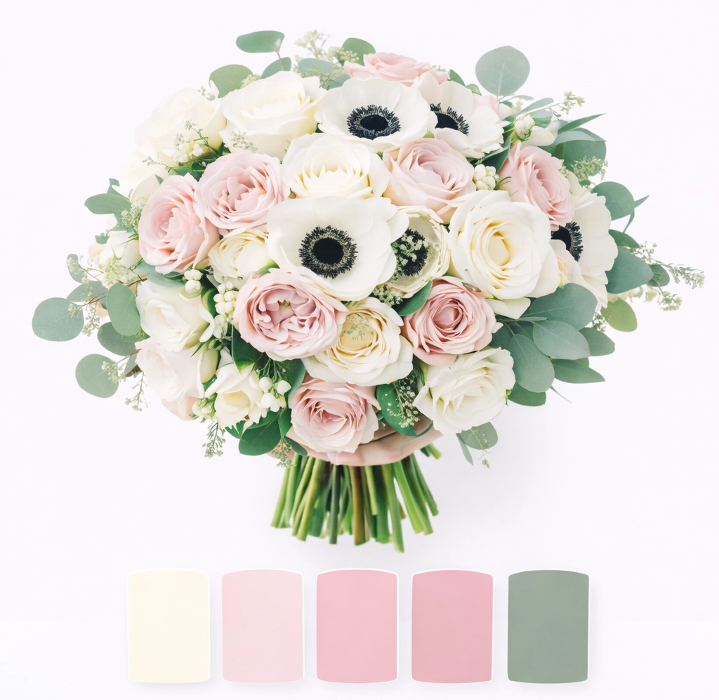 Blush wedding bouquet with white anemones, garden roses and silver dollar eucalyptus for elegant wholesale bridal flowers