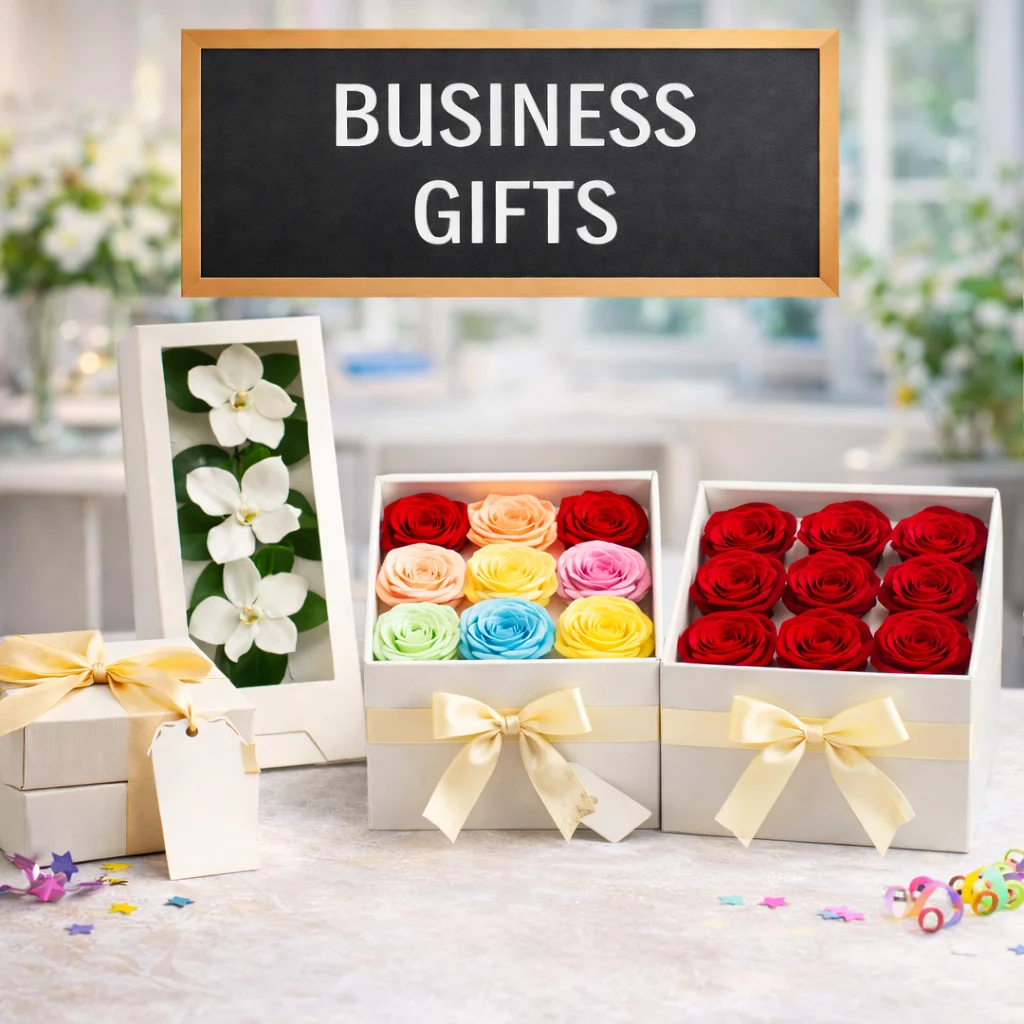 Business flower gifts with boxed roses and elegant floral arrangements for client appreciation, corporate gifting, office décor, and events.