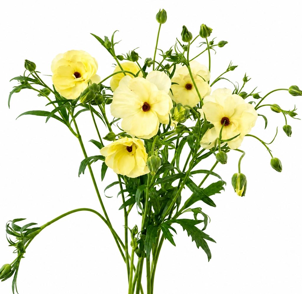 Wholesale Light Yellow Butterfly Ranunculus Litai featuring delicate creamy yellow blooms for weddings and events.