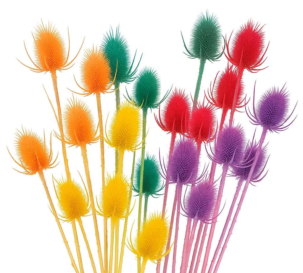 Rainbow cardo palustre dried thistle in bulk—vibrant spiky blooms ideal for wedding centerpieces, floral installations, and colorful event arrangements.