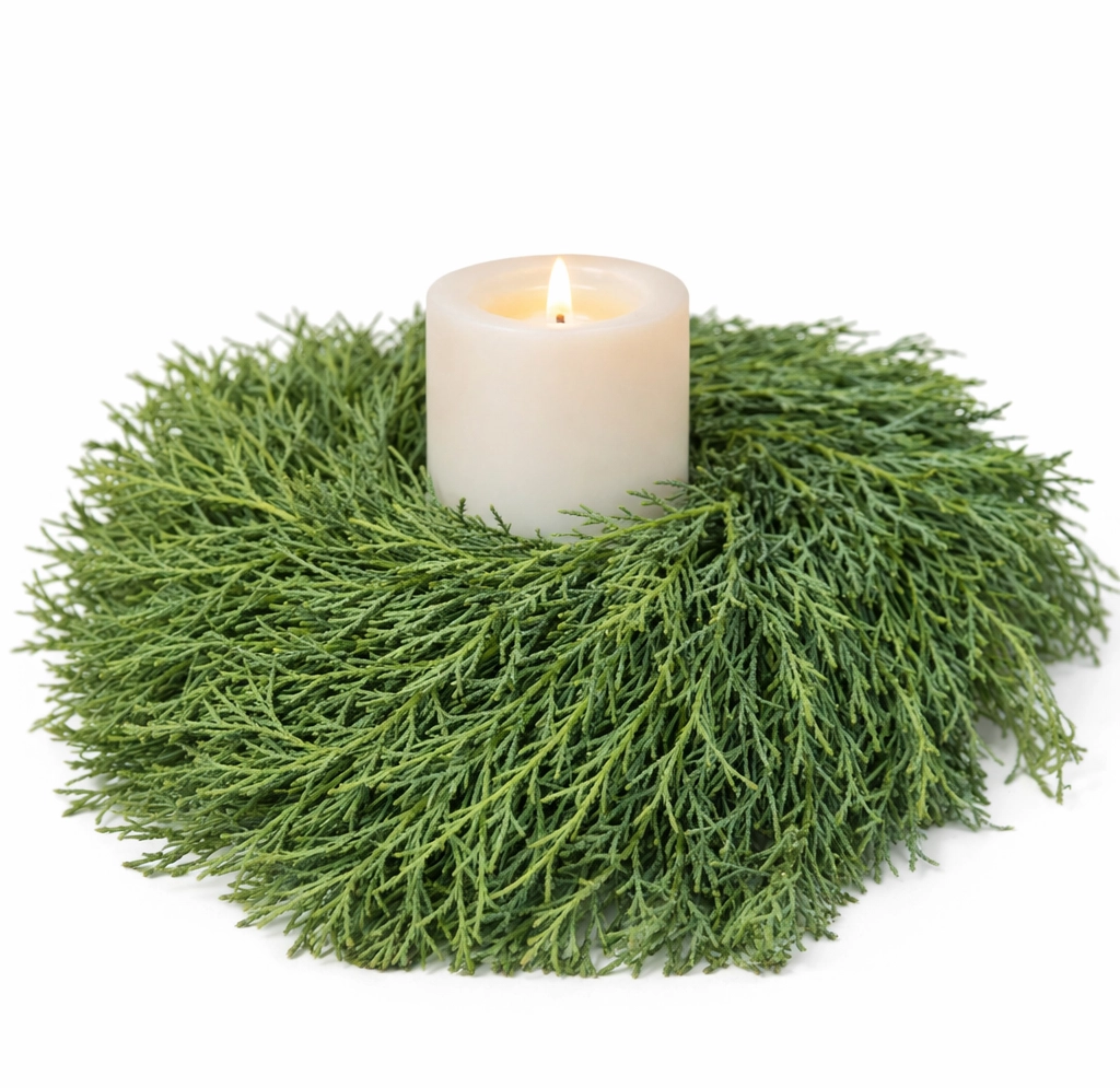 Blue green evergreen candle ring for event table décor for weddings and events in bulk.