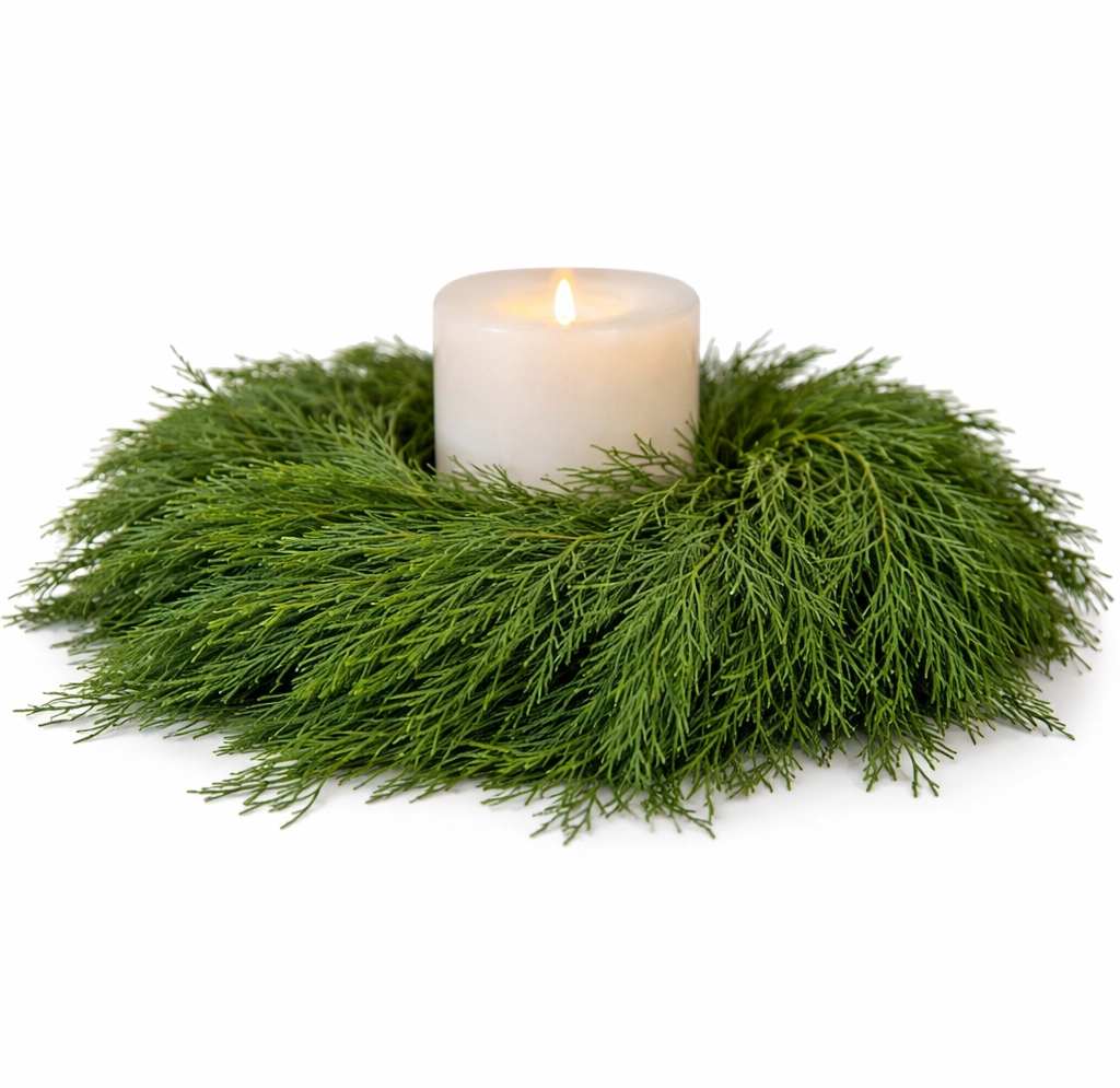 Fresh green cedar candle ring centerpiece for wedding table décor and elegant event styling.