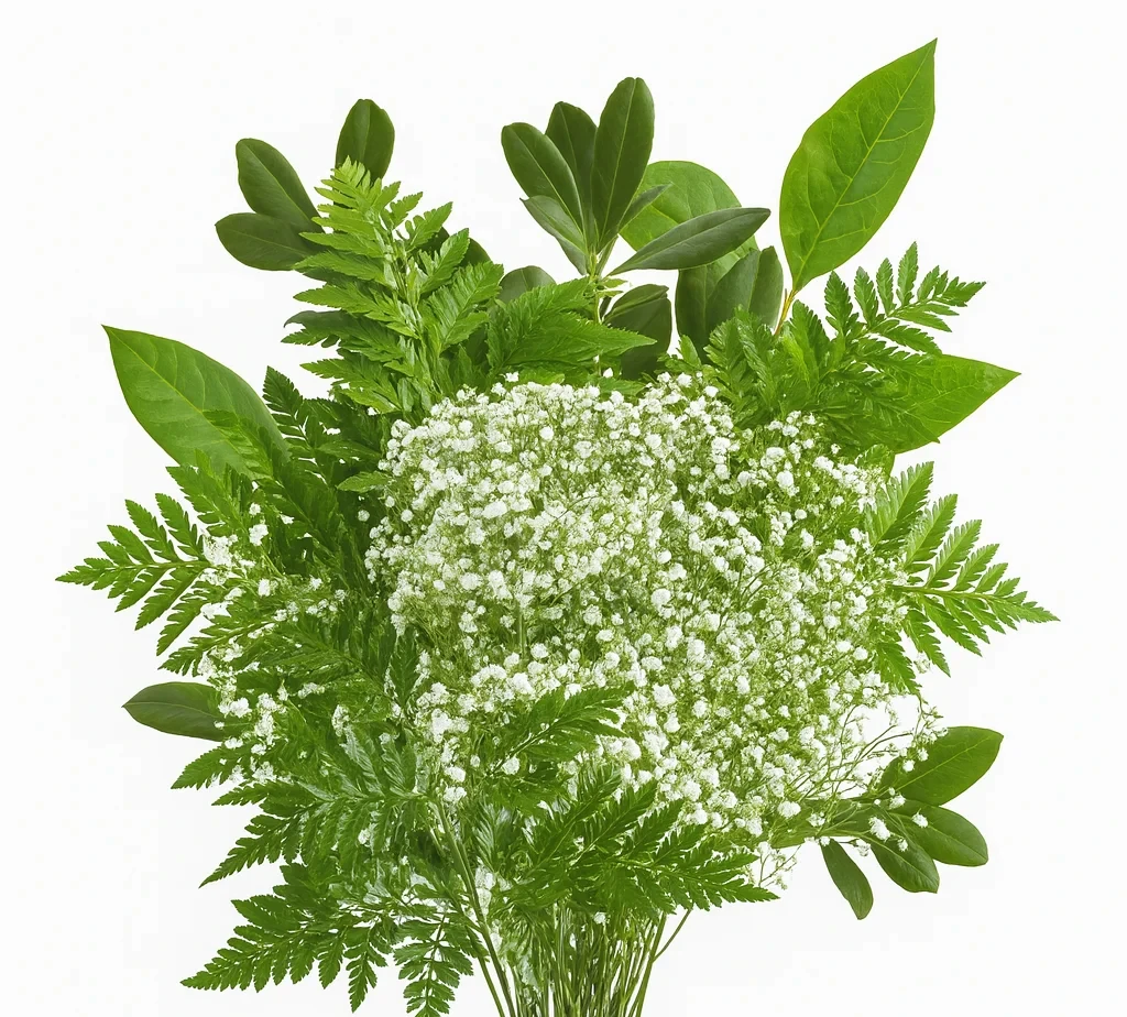 Christmas greenery filler bouquet with fresh baby’s breath and lush foliage, perfect for weddings, events, and wholesale floral arrangements.