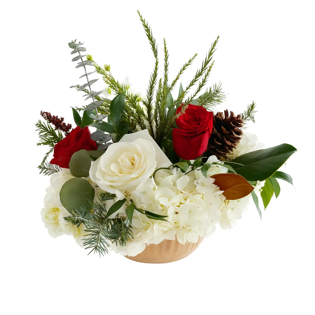 Christmas centerpiece with white hydrangea, red and white roses, eucalyptus, pine greens, pinecones, and lily grass in a festive design.
