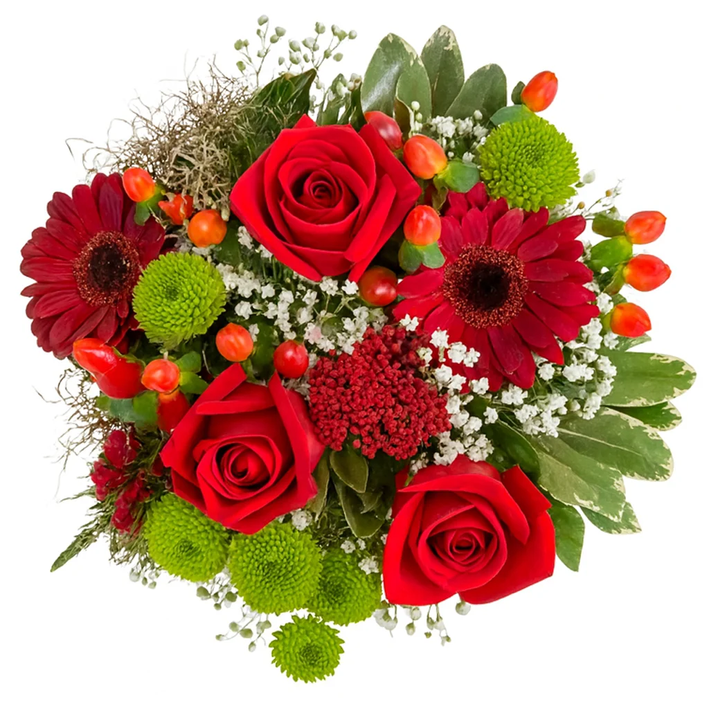 Vibrant Christmas Spice flower centerpiece featuring red roses, deep red gerbera daisies, bright green accents, and baby's breath, perfect for adding festive color and warmth to holiday décor.