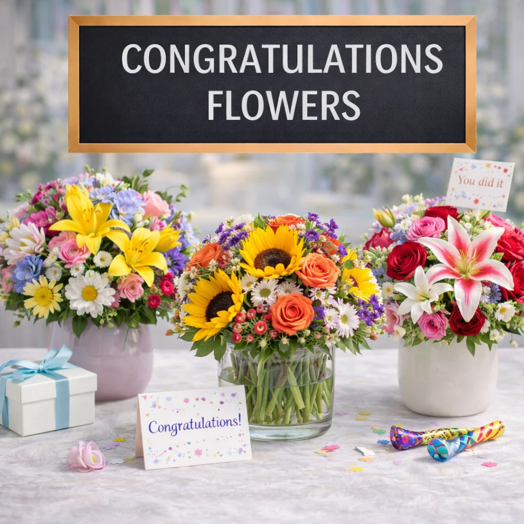Congratulations flower arrangement with colorful blooms and gift accents for graduations, promotions, milestones, and joyful celebrations.