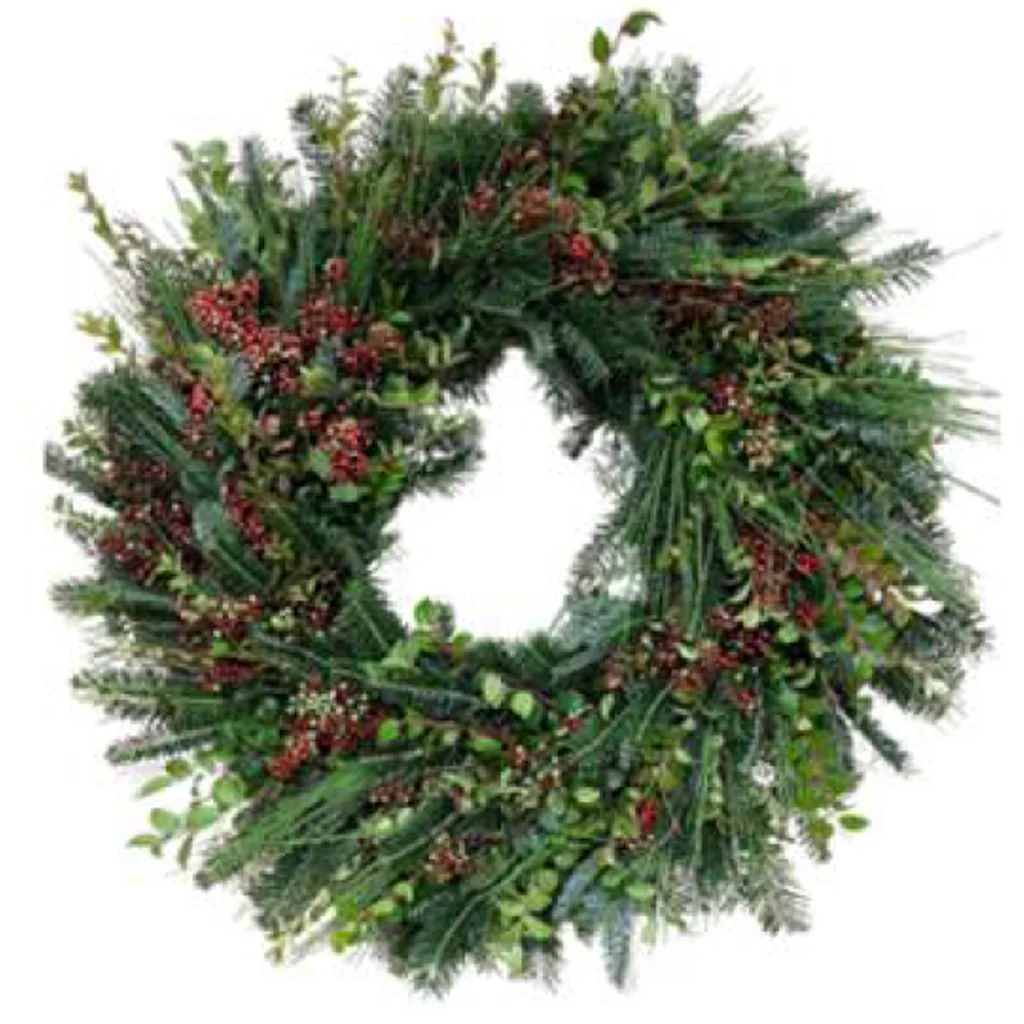Enchanted Reindeer Wreath made with Red Huckleberry, festive berries, Pine, and lush Fraser Fir for Christmas décor.