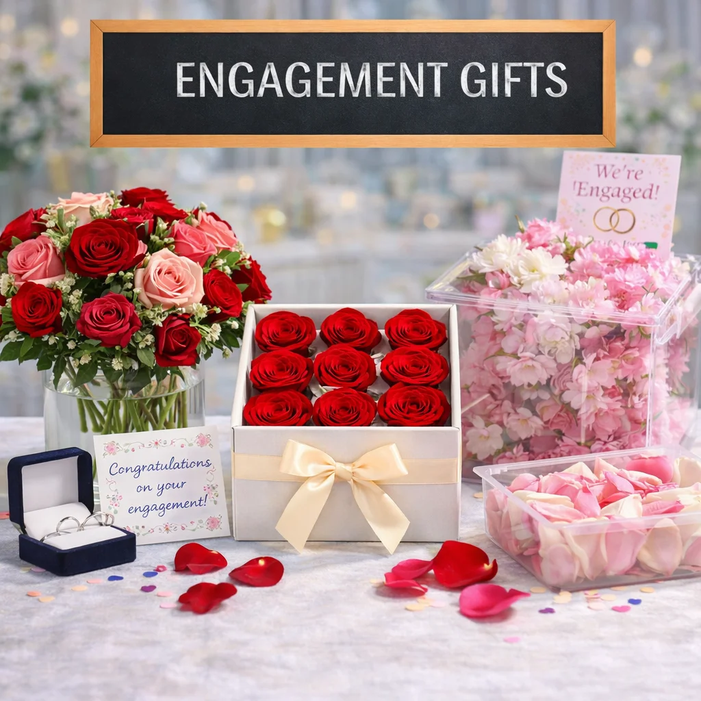 Engagement gift flowers with roses, petals, and pink blooms for proposals, engagement parties, and romantic celebrations at Whole Blossoms.