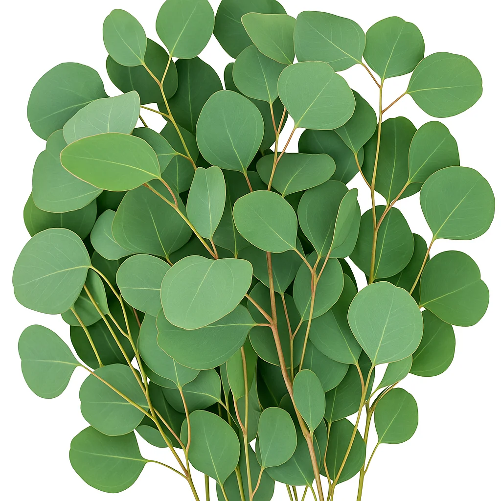 Freshly harvested Silver Dollar Eucalyptus stems arranged flat, showcasing soft green tones and perfect circular leaves for wedding or home décor accents.