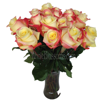 Florida Bicolor Roses arranged in a clear vase, showcasing vibrant yellow petals with bold red edges, perfect for elegant and cheerful floral displays.