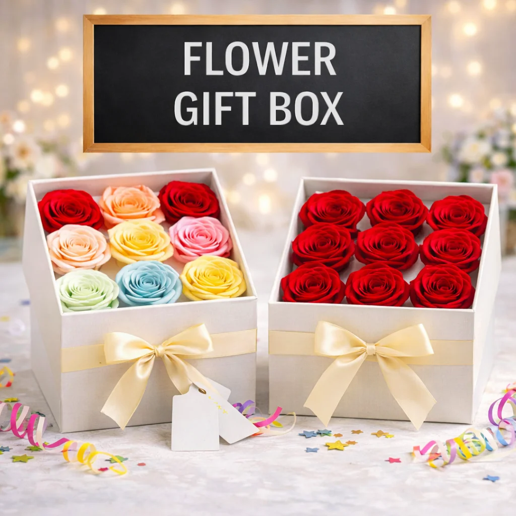 Flower gift boxes with fresh roses and colorful blooms for elegant gifting, anniversaries, celebrations, and event-ready floral presentation.