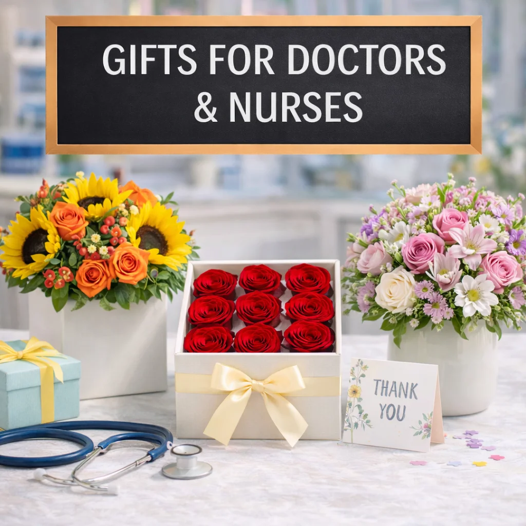 Flower gifts for doctors and nurses with fresh blooms, roses, sunflowers, and thank-you accents for healthcare appreciation and medical gifts.