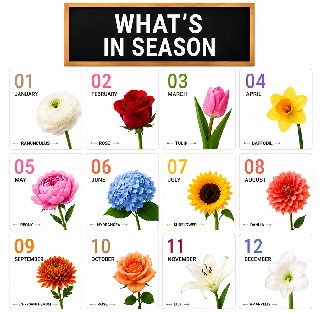 Seasonal wholesale flowers featuring fresh cut blooms in rich colors, natural textures, and varieties chosen to reflect the beauty of the season.