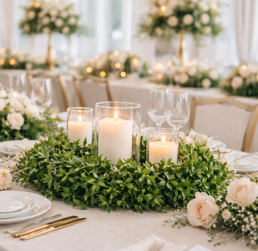 Fresh boxwood candle rings styled for wedding table centerpieces with candles and greenery