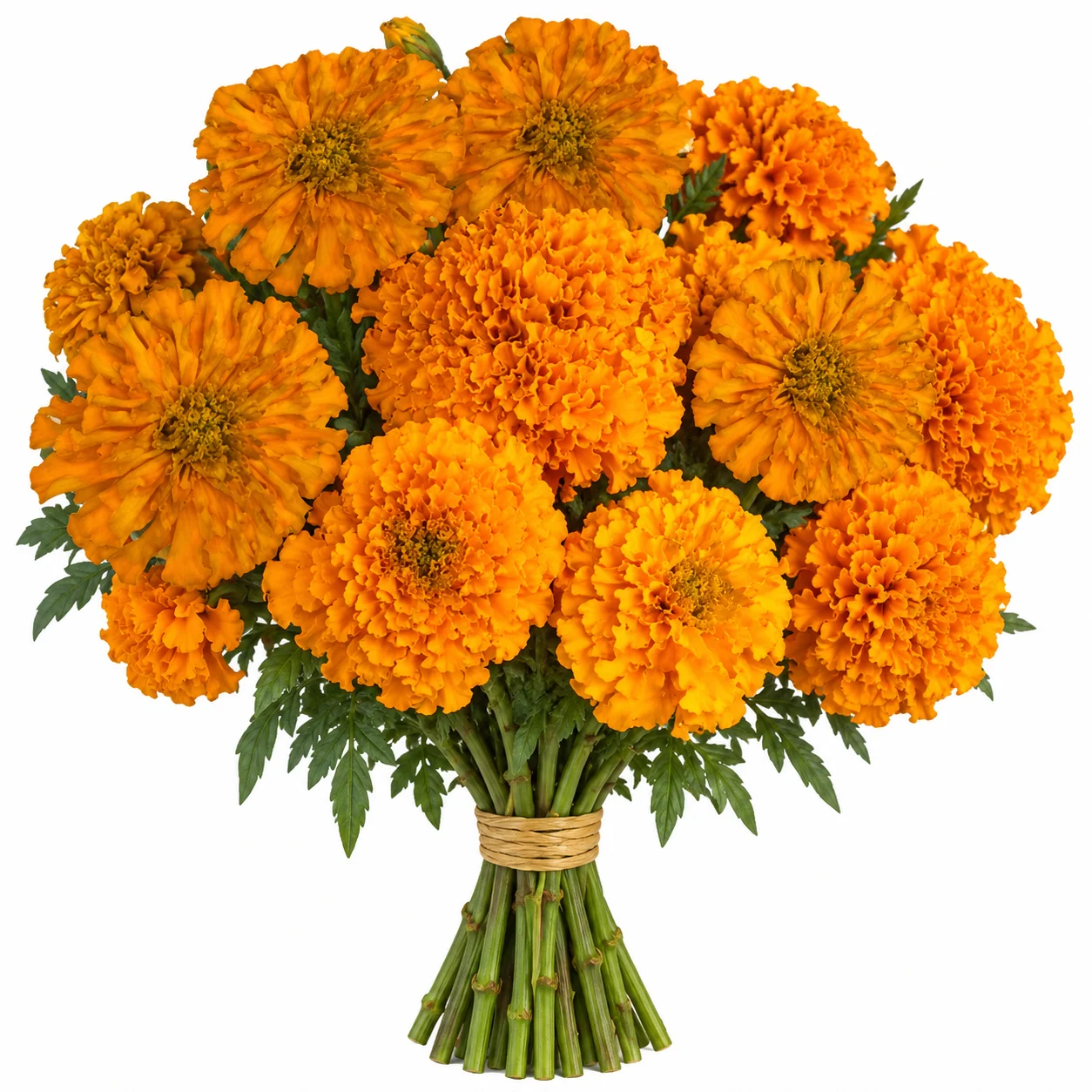 A vibrant bouquet of fresh Mexican Marigold flowers in golden and deep orange hues symbolizing passion.