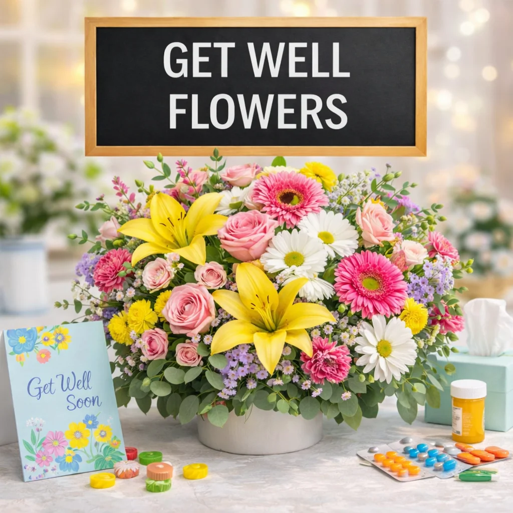 Get well flower arrangement with pink roses, yellow lilies, and cheerful mixed blooms for thoughtful recovery gifts and fresh flower delivery.
