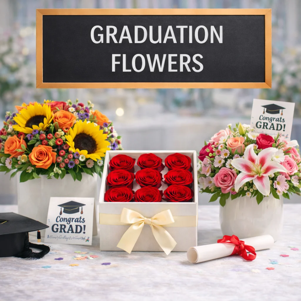 Graduation flowers with bright roses, sunflowers, gift boxes, and celebration blooms for graduates, ceremonies, parties, and milestone gifts.