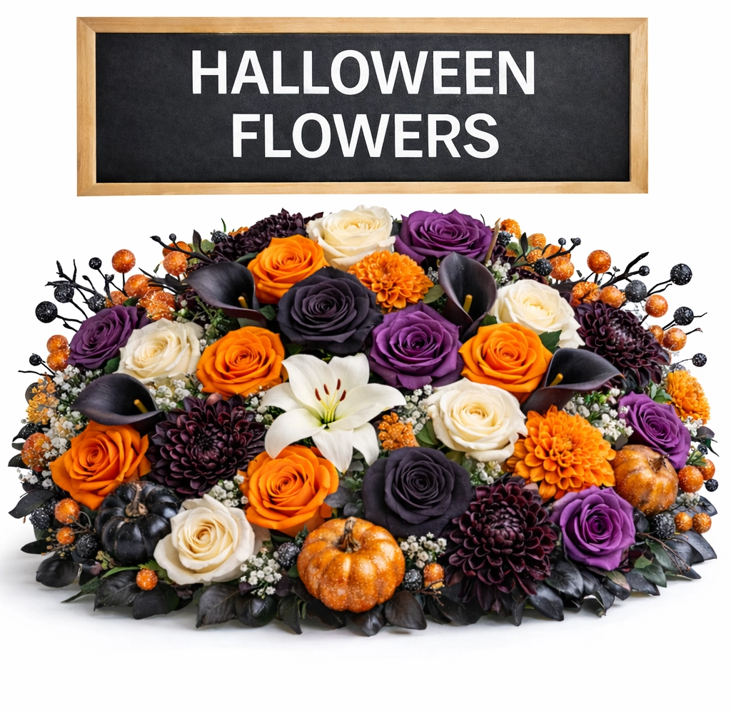 Halloween flowers featuring bold seasonal blooms in rich autumn tones for parties, themed arrangements, and festive fall decorating.