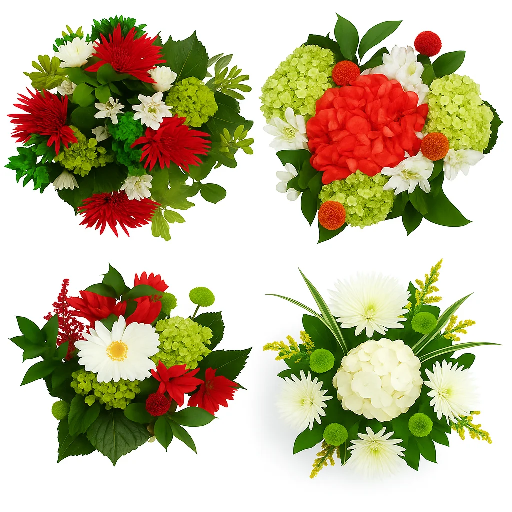 Festive holiday floral centerpieces with hydrangeas, red and white blooms, greenery, and seasonal accents for Christmas decorating.