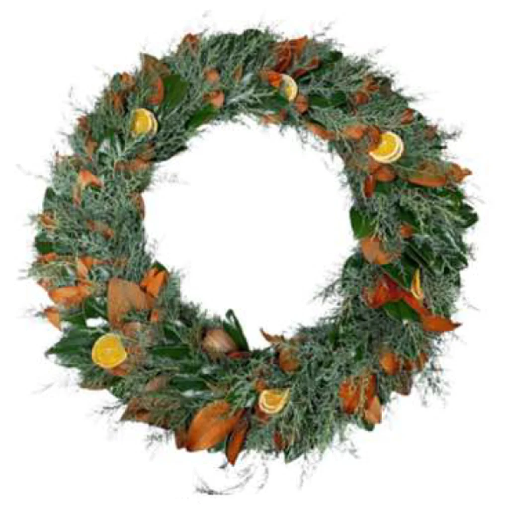 Holiday Cheer Wreath with Carolina Sapphire, Magnolia leaves, and bright orange slices.