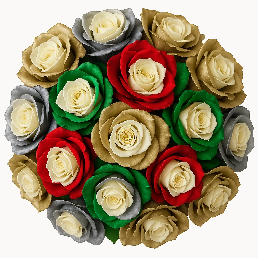 Holiday Dyed Bicolor Roses in red, green, gold, and silver tones arranged in a festive Christmas bouquet.