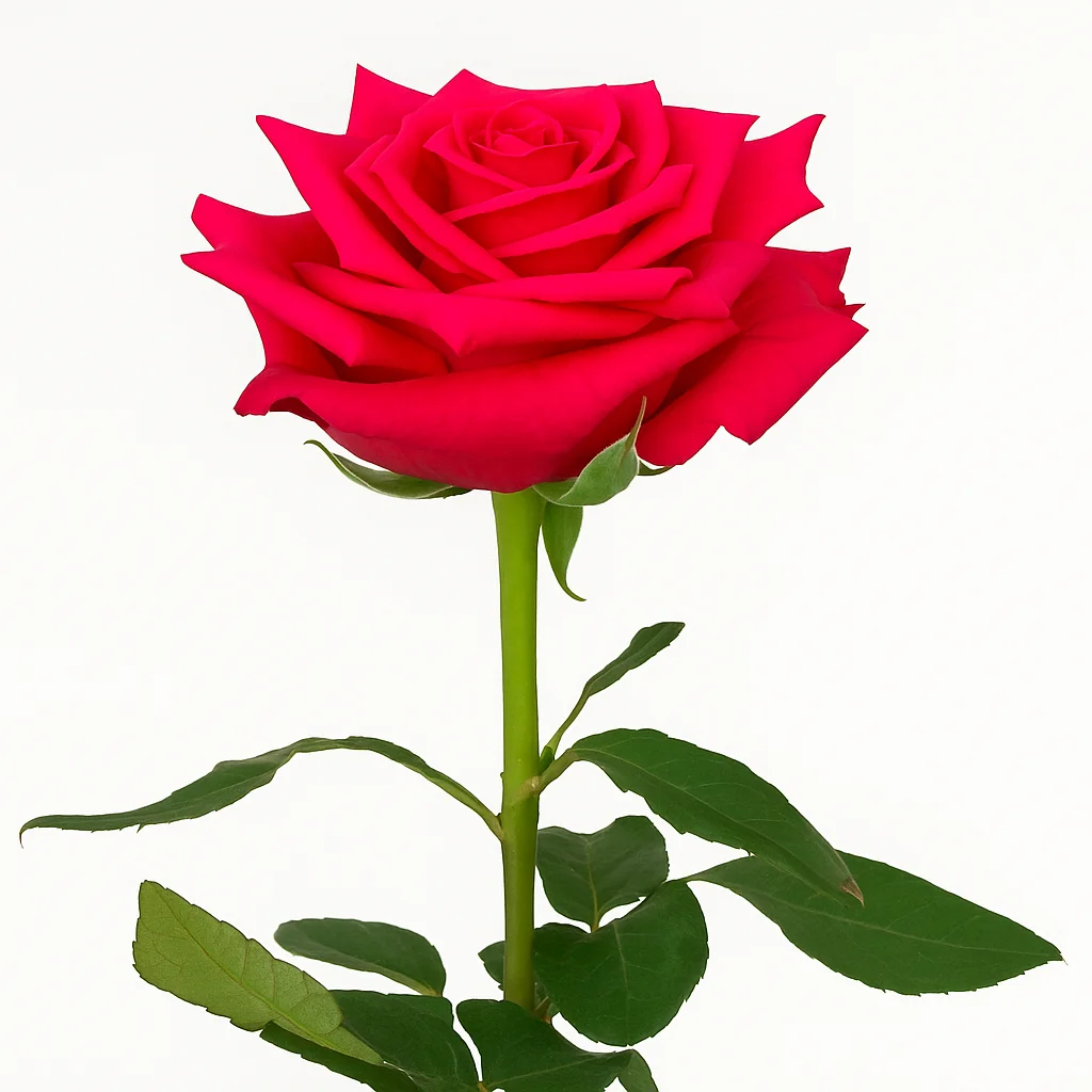 A single Hot Pink Hot Explorer rose with a straight green stem and vibrant leaves, glowing with bold pink petals set against a pure white backdrop.