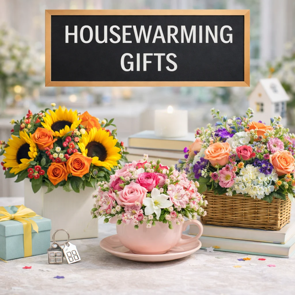 Housewarming gifts with fresh flowers, sunflowers, roses, floral baskets, and cheerful blooms for new homes, hosts, parties, and décor.