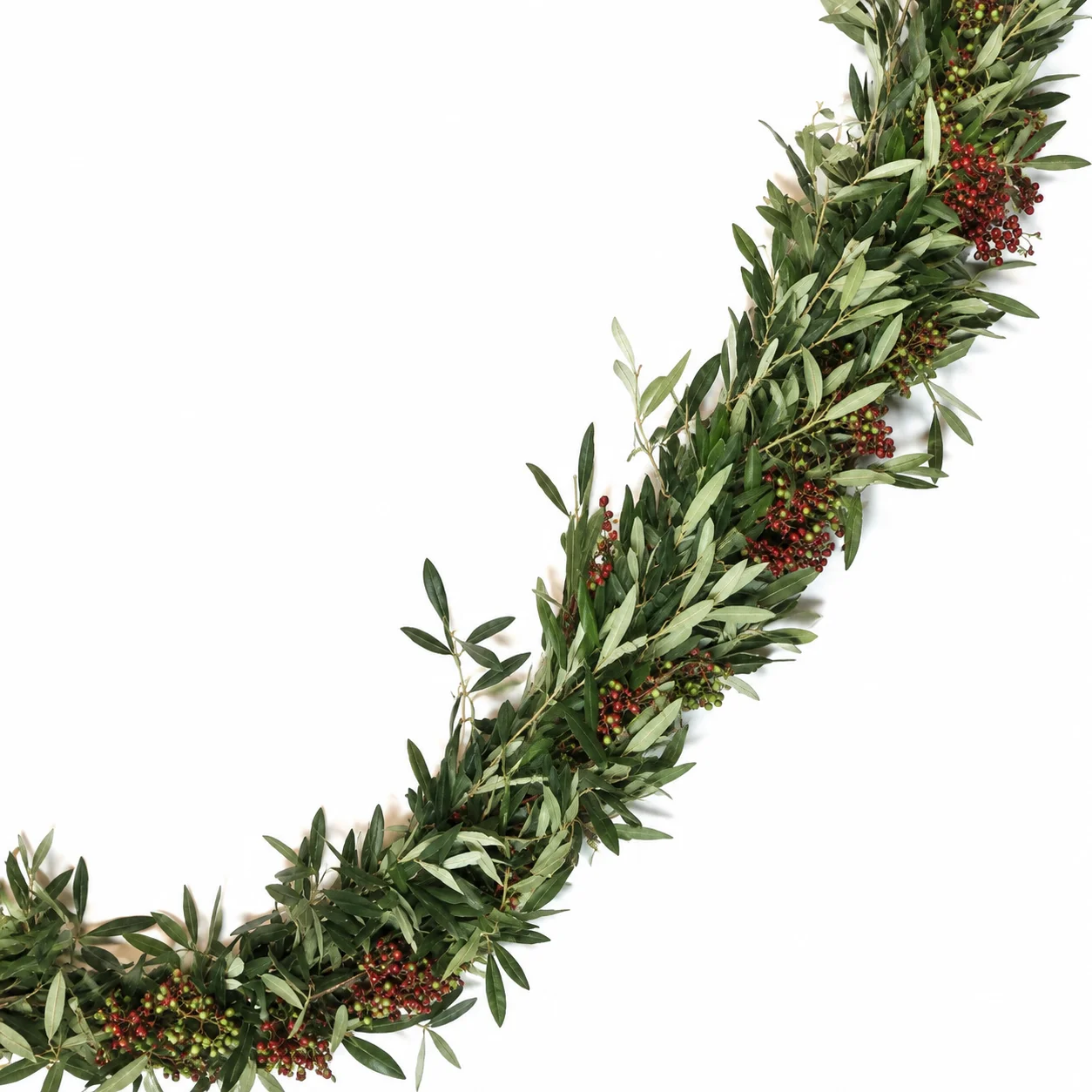Fresh Huckleberry Garland Olive Green Mix, 5 inches wide, with leafy greenery and red berries for wedding and event décor.
