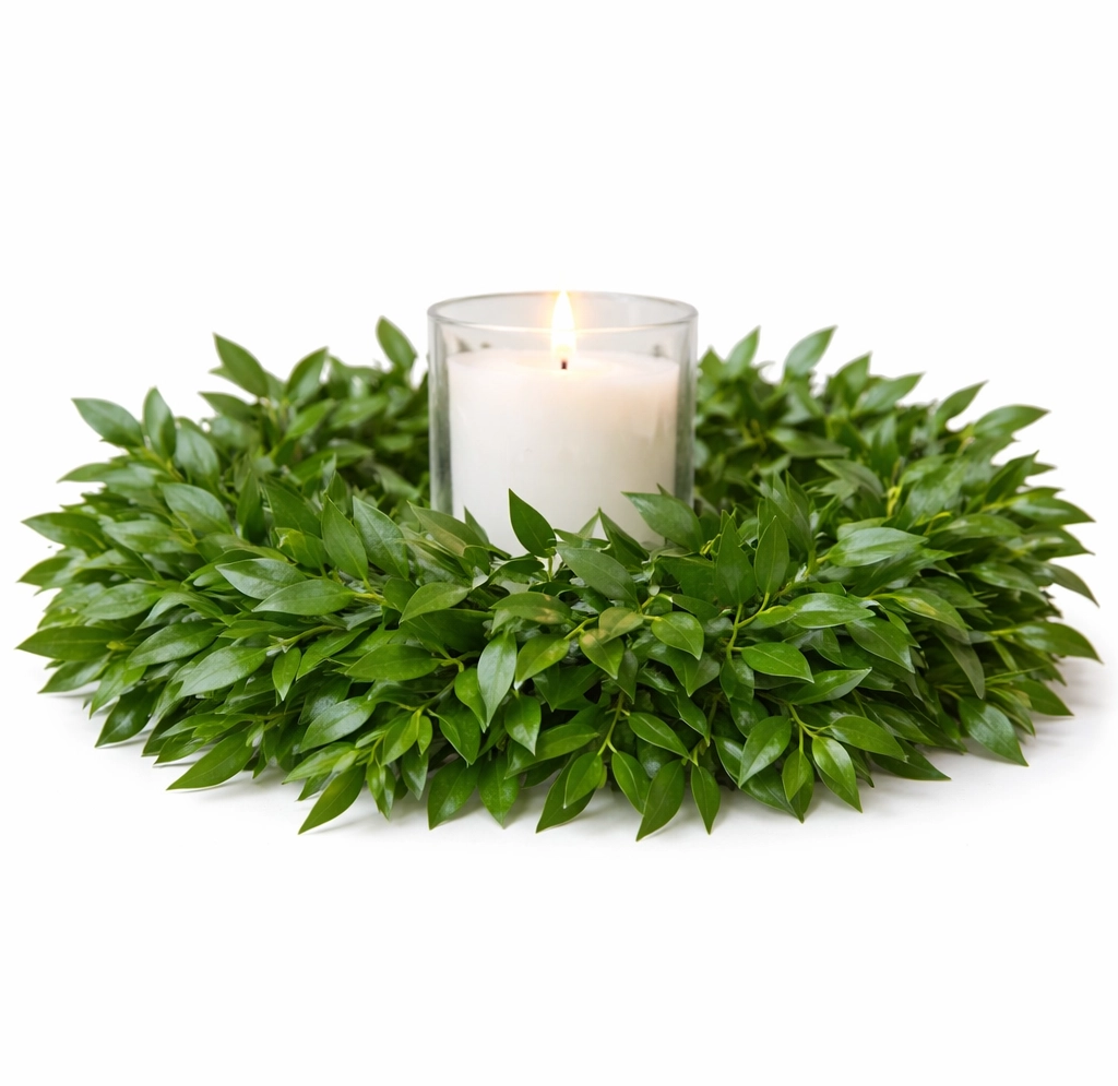 Fresh Italian ruscus candle ring centerpiece for wedding and event table décor.