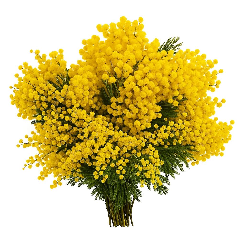 Abundant armful bouquet of blooming Acacia Mimosa with vivid yellow flowers and deep green stems, professionally isolated on a square white background.
