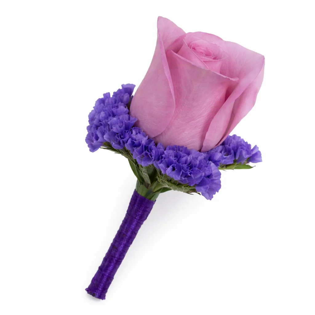Lavender rose boutonniere brings soft romance to weddings, gifts, and floral finishing touches.