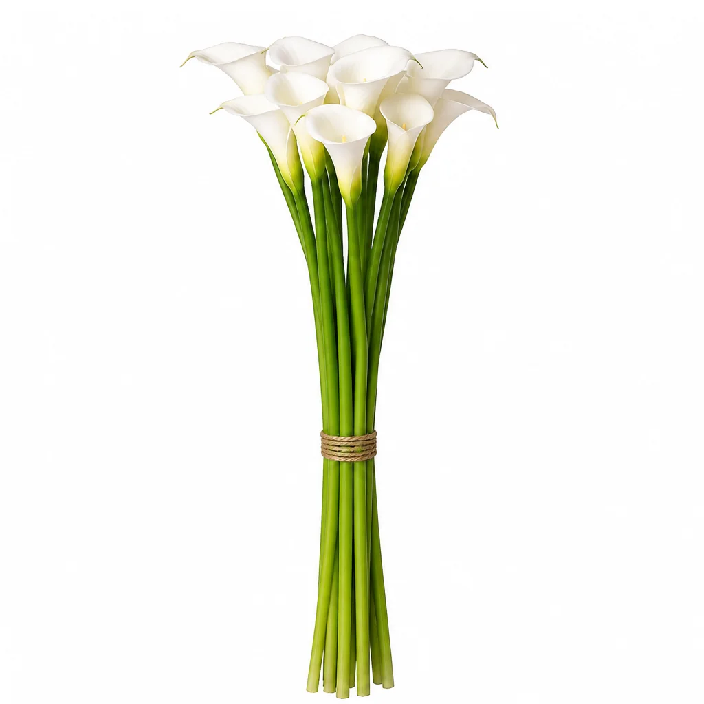 Long-stem fresh white calla lilies in a tied bulk bunch for elegant wedding and event floral arrangements.
