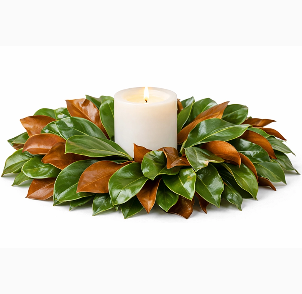Fresh magnolia candle ring centerpiece for wedding and event table décor.