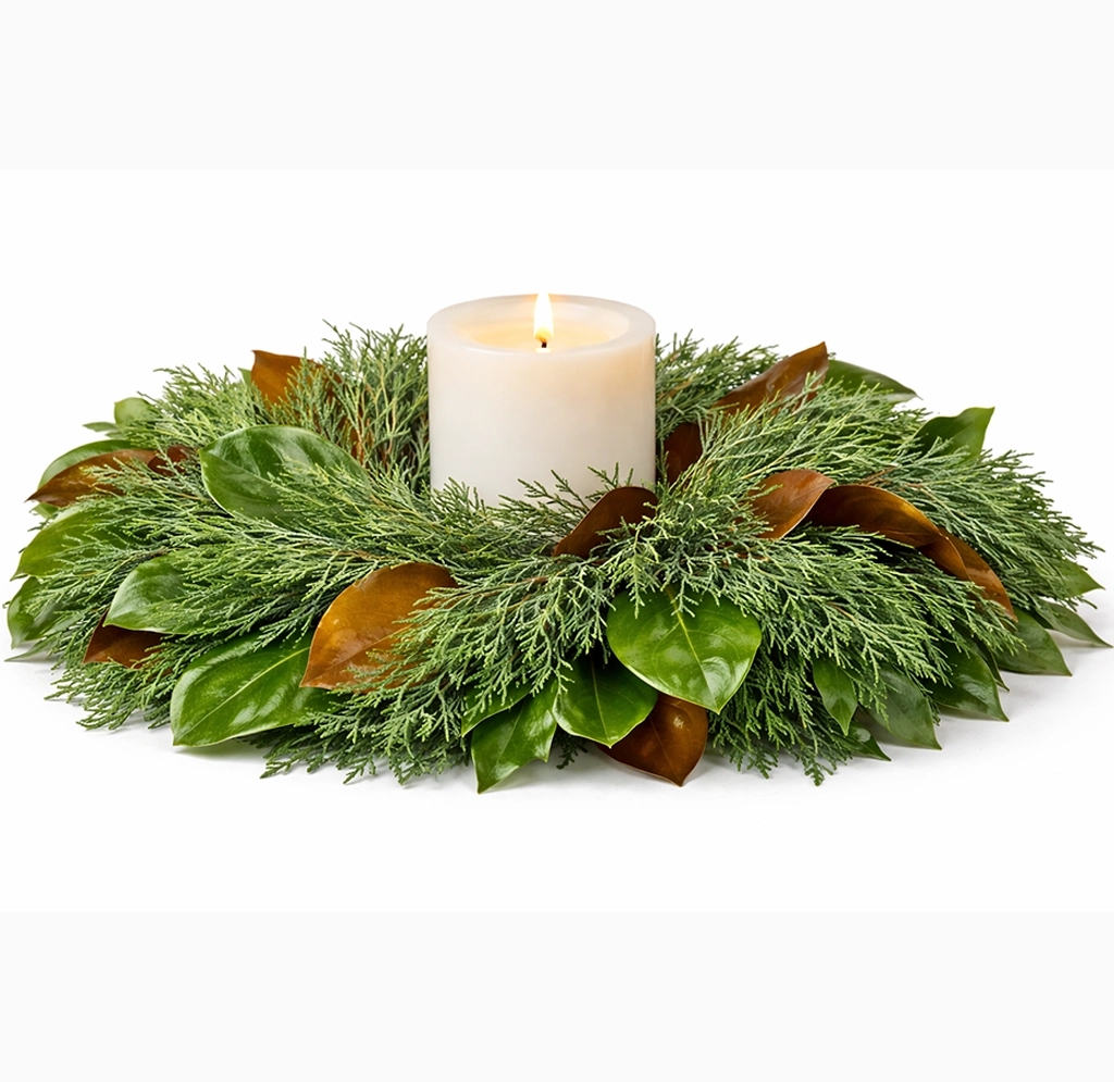 Magnolia mix candle ring with rich leaves, perfect for weddings, elegant events, and floral centerpieces.