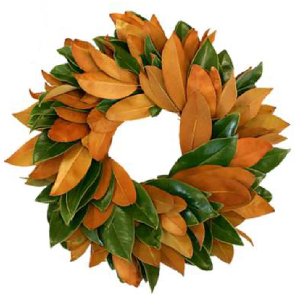 Decorative magnolia wreath featuring rich green and copper-colored leaves, woven into a round shape.
