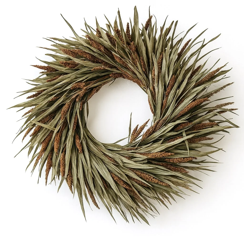 Millet Wreath with natural dried millet stalks in earthy tones. Perfect for rustic, seasonal, or farmhouse décor. Long-lasting and eco-friendly design.
