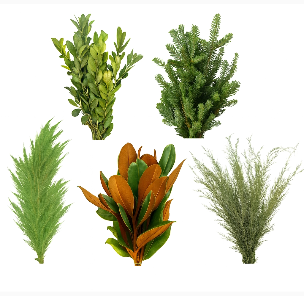 Christmas Mixed Box Collection - Snowflake, 5 bunches of mixed greenery with fir, cedar, magnolia leaves, and fresh evergreen foliage.